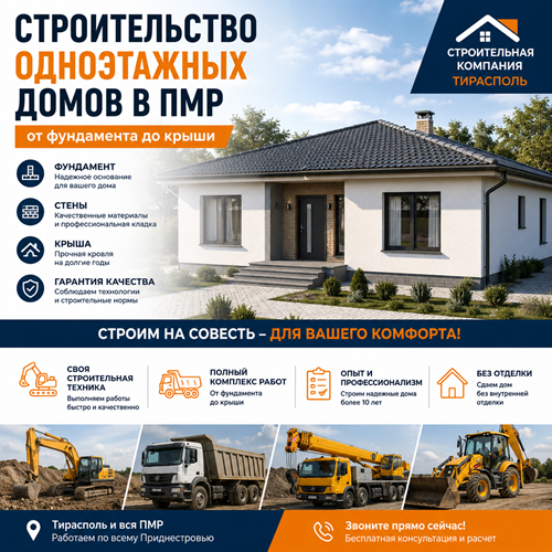 Строительство одноэтажных домов ПМР | Под ключ от фундамента до крыши Строительство одноэтажных домов ПМР | Под ключ от фундамента до крыши